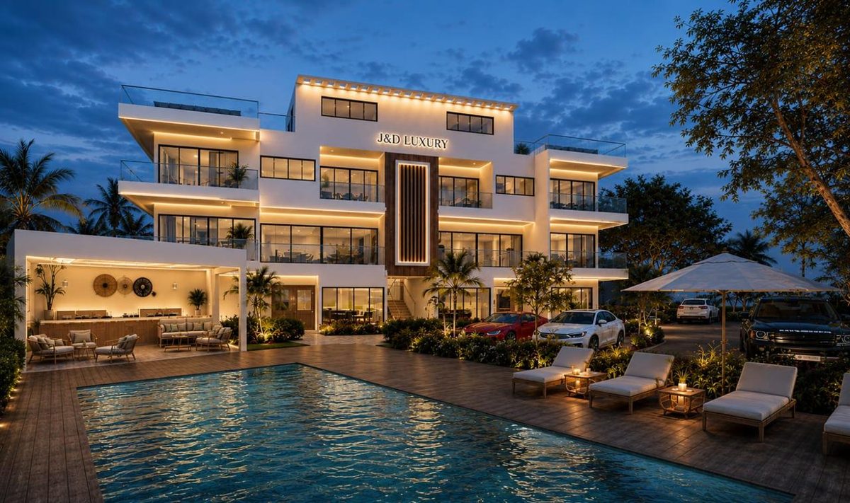 Fachada de J&D Luxury al anochecer